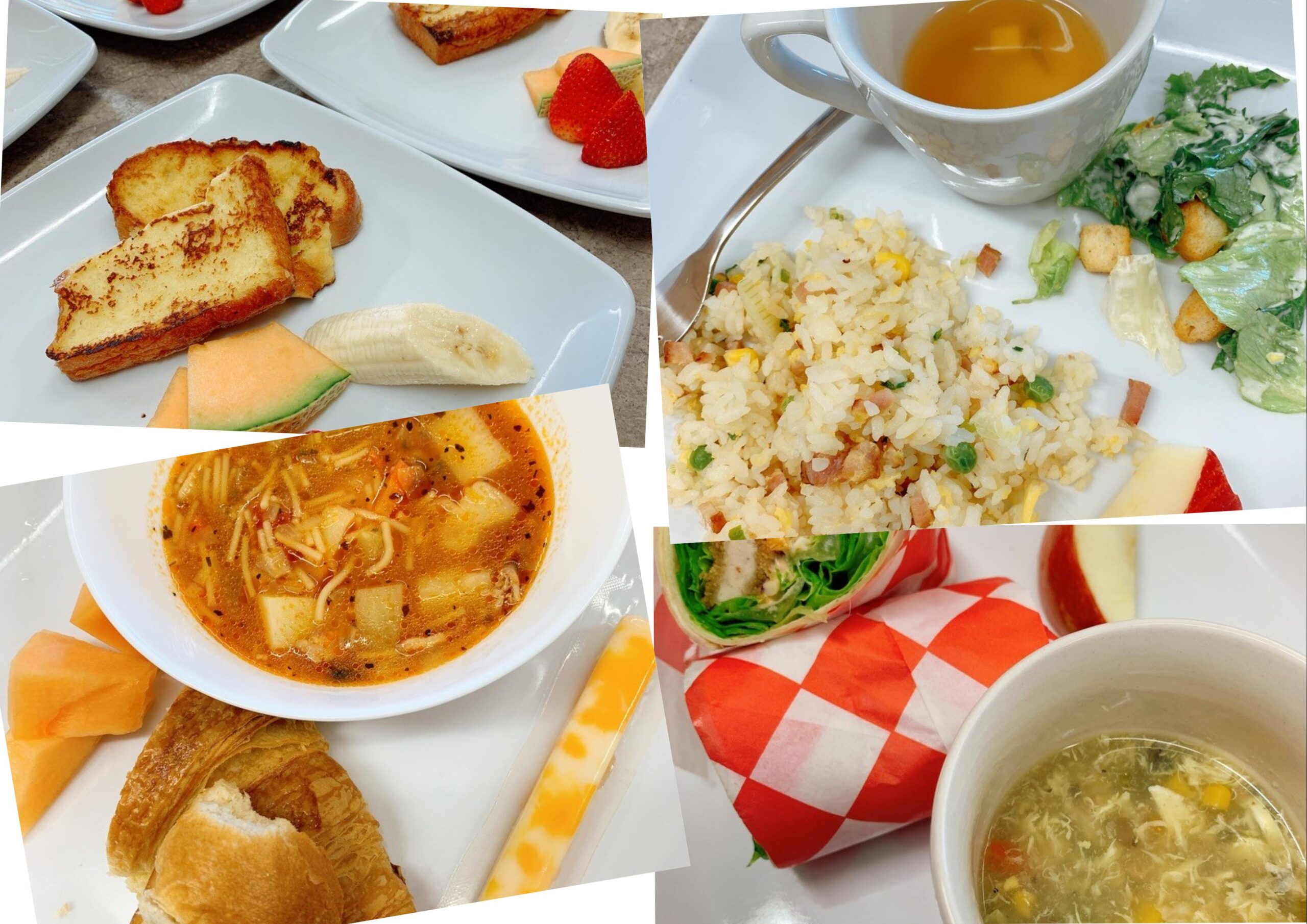 Collage of 4 lunches: french toast, fired rice, chicken wrap, minestrone