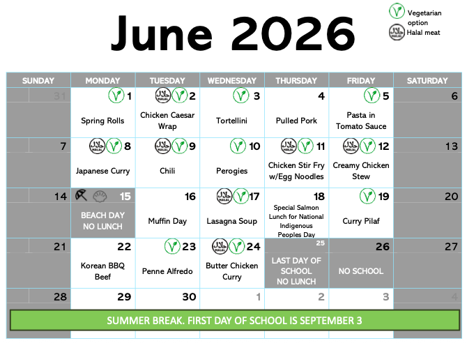 Lunch menu for June 2026